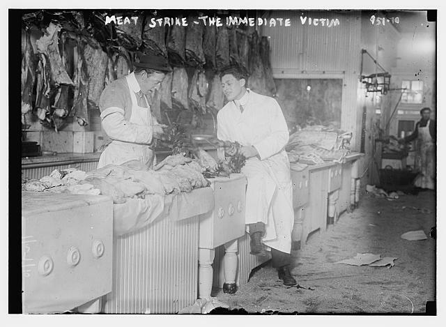 Butchers idle at meat counter during meat boycott c1900 Large Old Photo