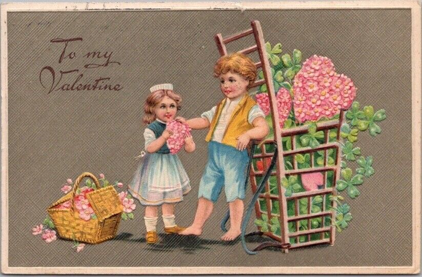 1909 VALENTINE'S DAY Postcard Boy & Girl / 4-Leaf Clover & Pink Floral Hearts
