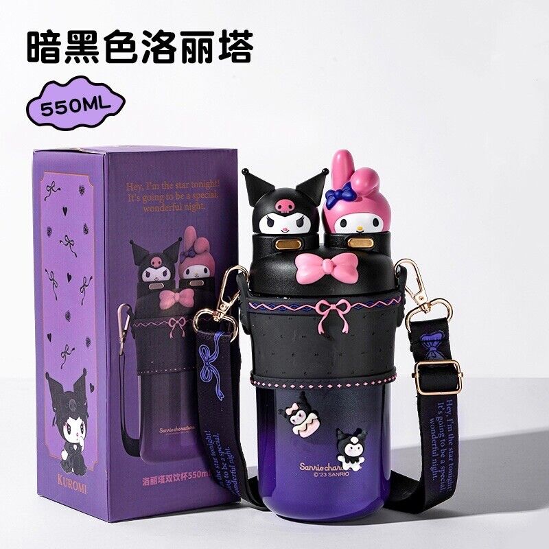 Sanrio Kuromi & My Melody Naughty & Nice Thermos Insulated Bottle 550ml W Strap