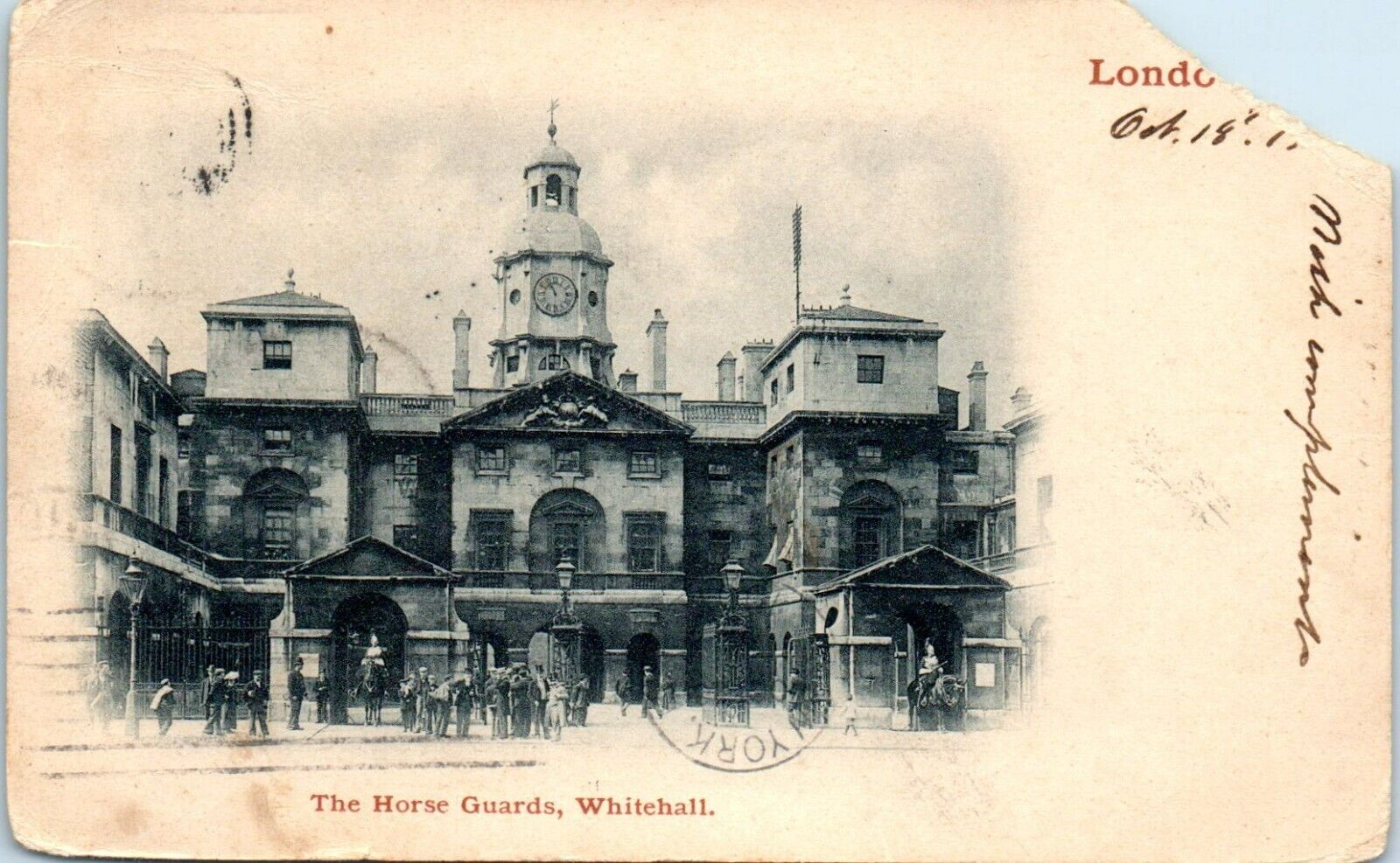 The Horse Guards, Whitehall London, England UDB Postcard Postmarked 1901
