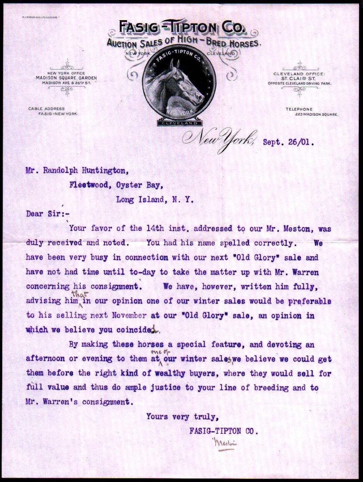 1901 New York - Fasig Tipton Co - High Bred Horses - Rare Letter Head Bill