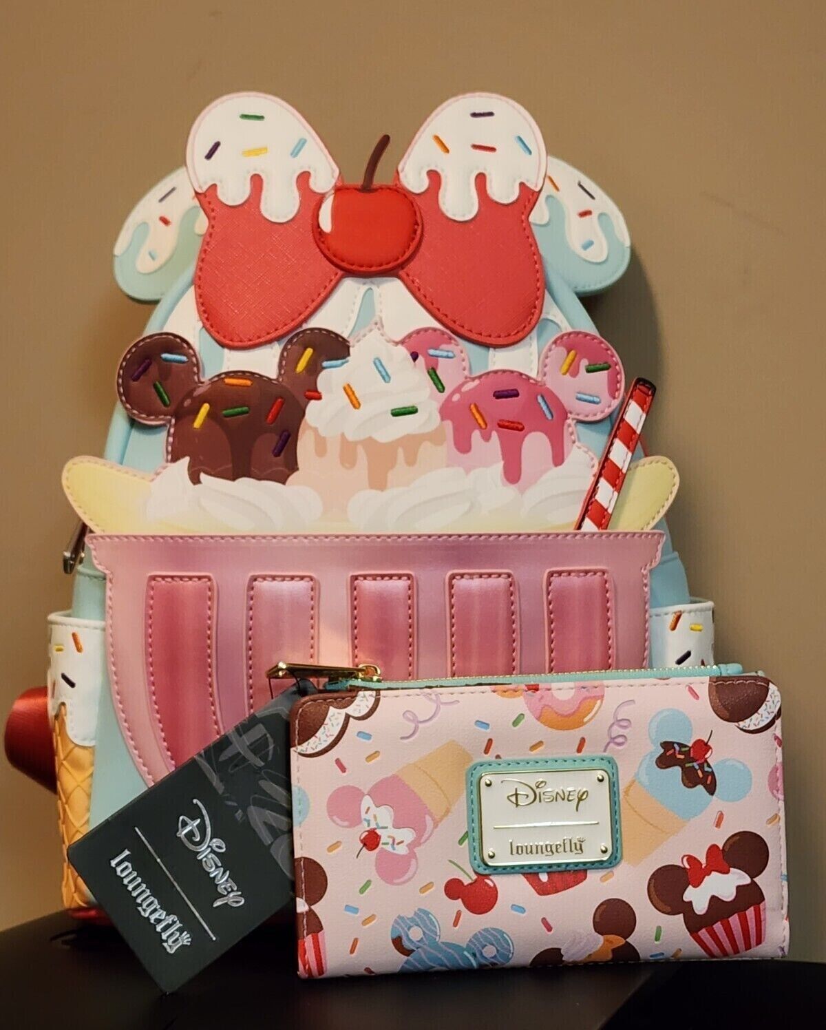Loungefly Disney Ice Cream Minnie Mouse Sweet Treats Backpack & Wallet NWT