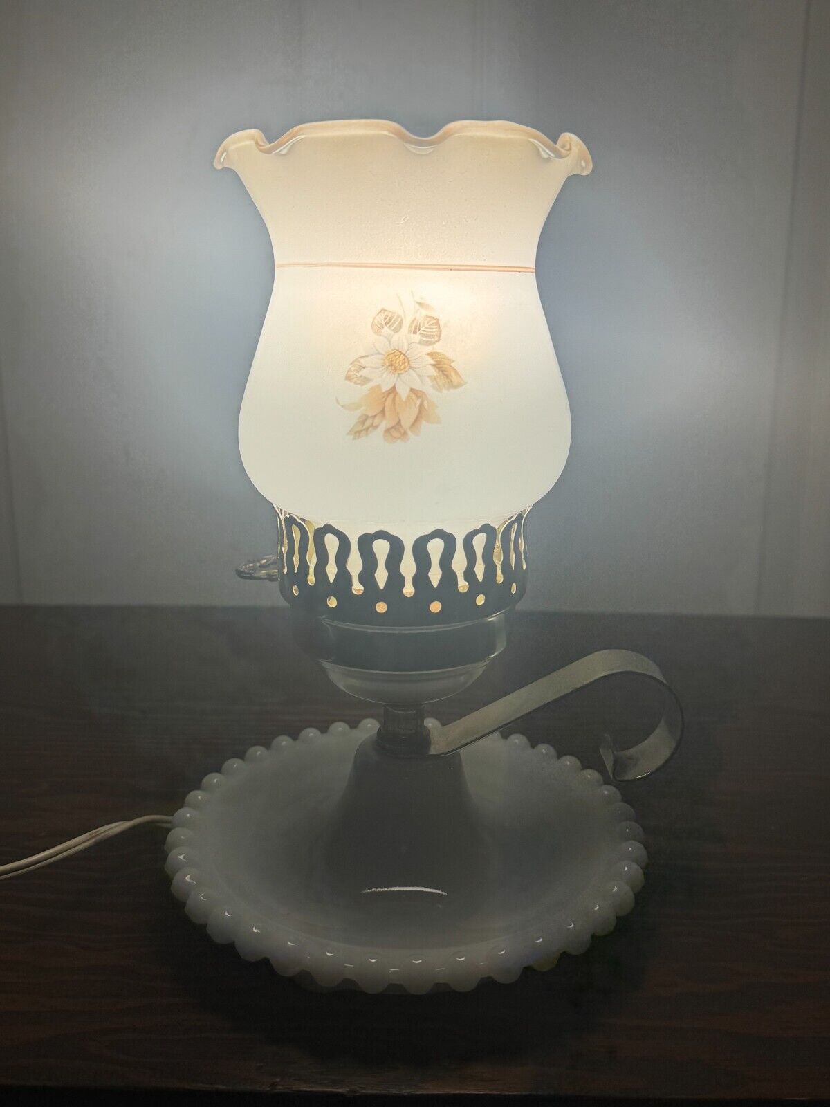 Vintage 9 1/2 Inch Floral Themed Hand Painted Single Bulb Milk Glass Table Lamp