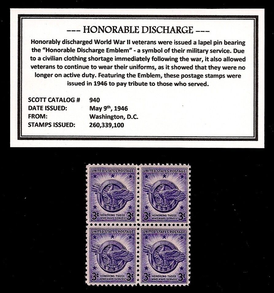 1946 - Honorable Discharge - Mint - MNH - Block of 4 vintage Postage Stamps