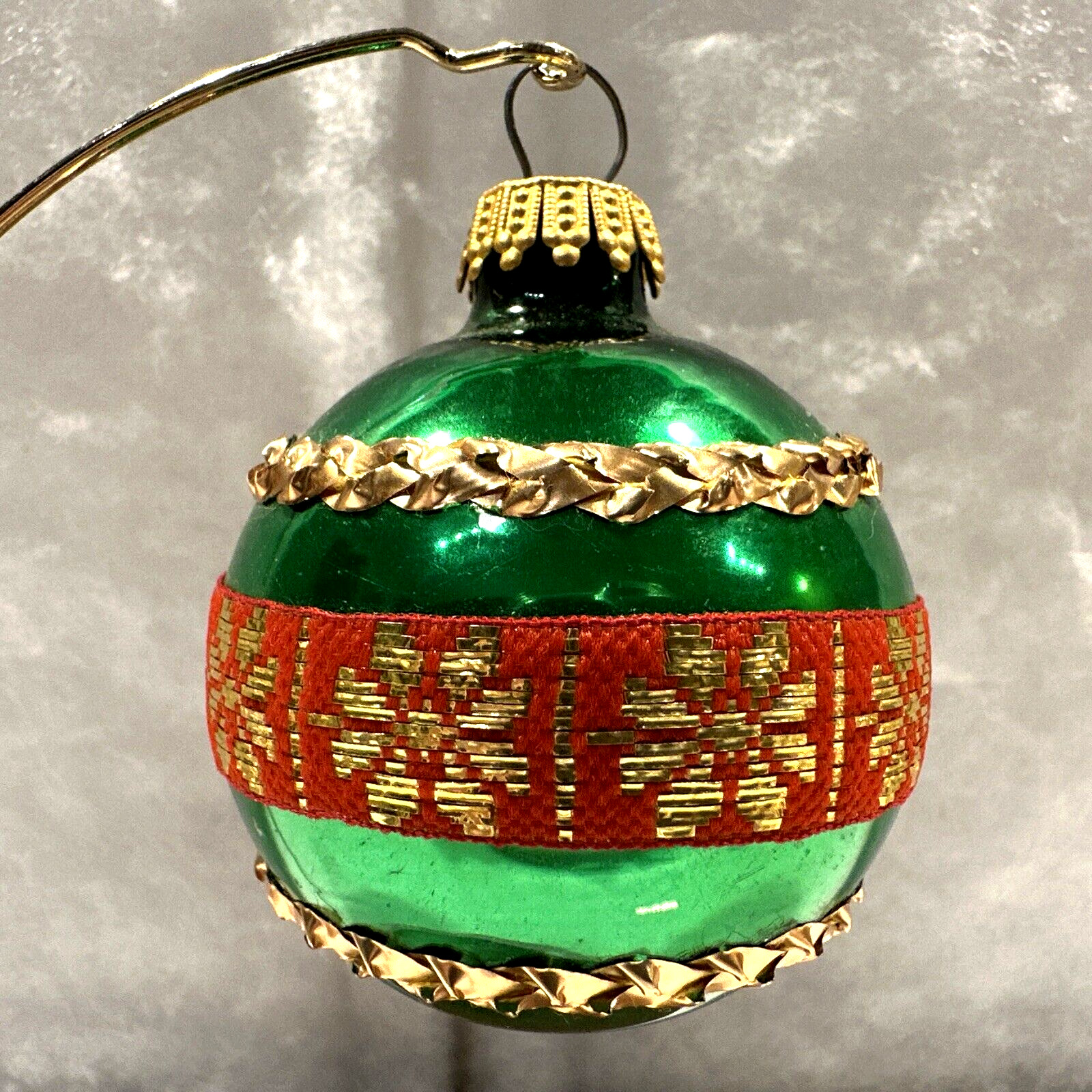 Vintage Mercury Glass Christmas Ornament 2.25” Green With Gold, Red West Germany