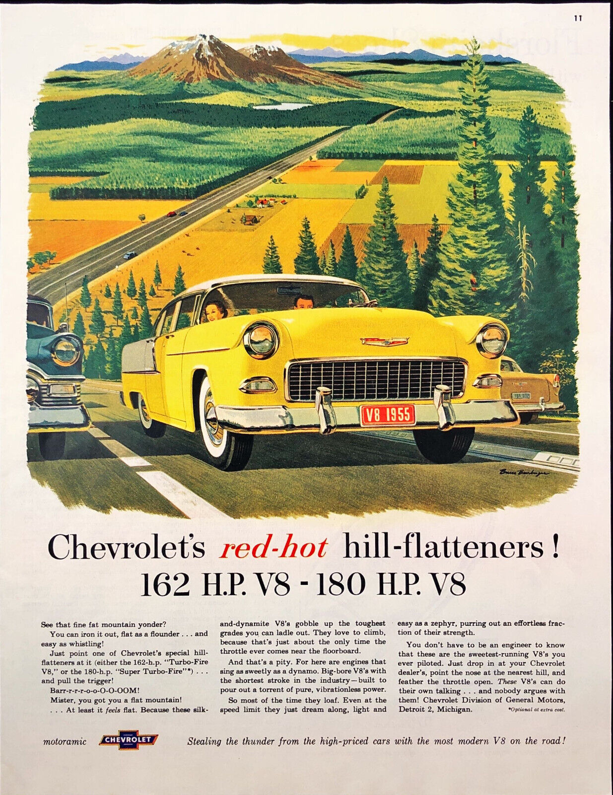 1955 Chevrolet V8 Hill Flatteners Engines Vintage Print Ad Yellow Car Mountains