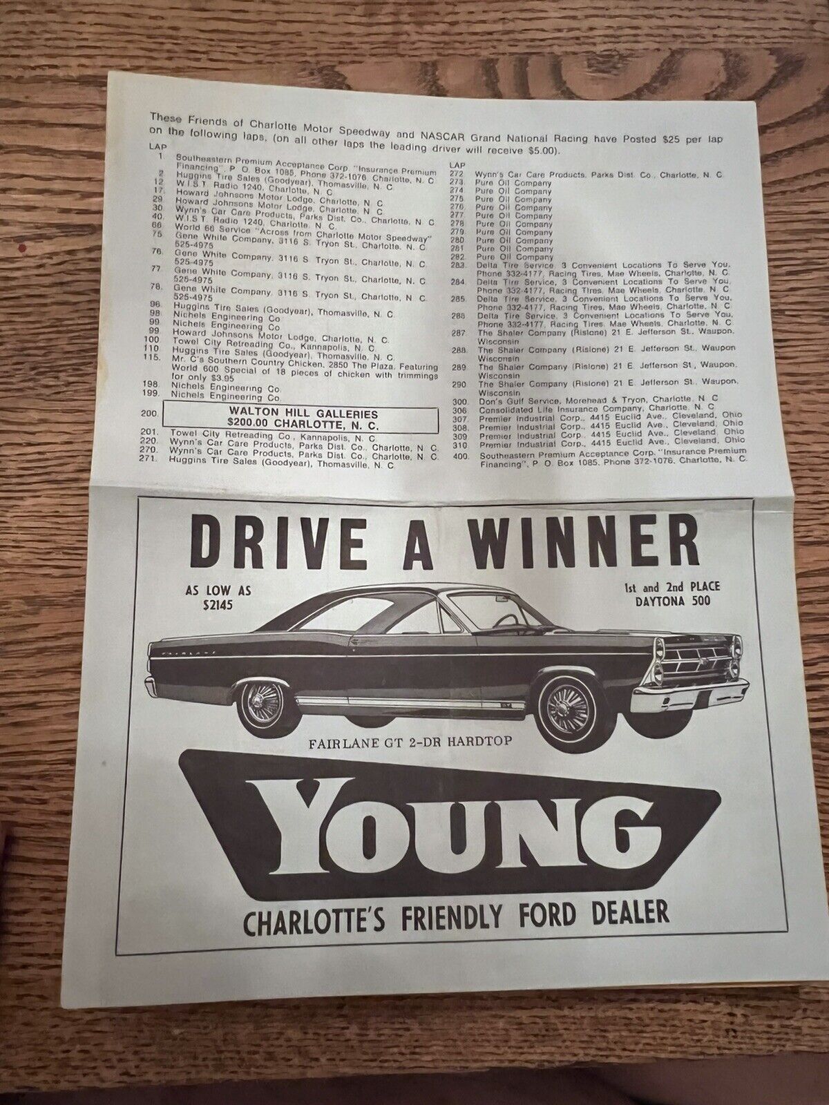 1967 Charlotte raceway nascar line up flyer with young Ford fairlane ad