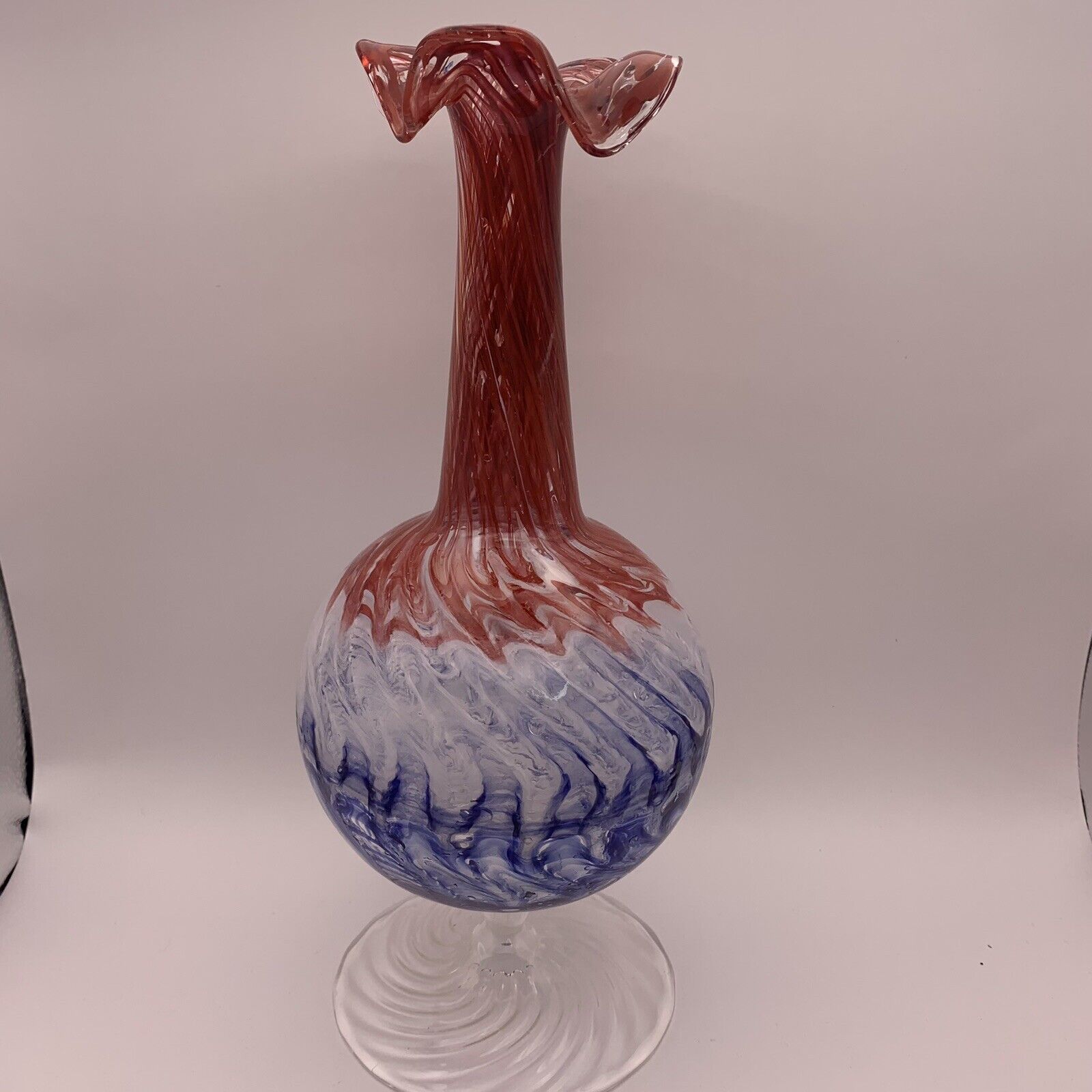 Vintage Hand Blown Ruffle Top Red White And Blue Glass Vase