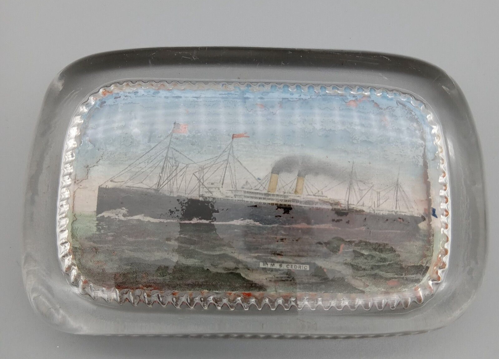 RMS CEDRIC White Star Line Souvenir Portrait Paperweight IMAGE SEPERATING DAMAGE