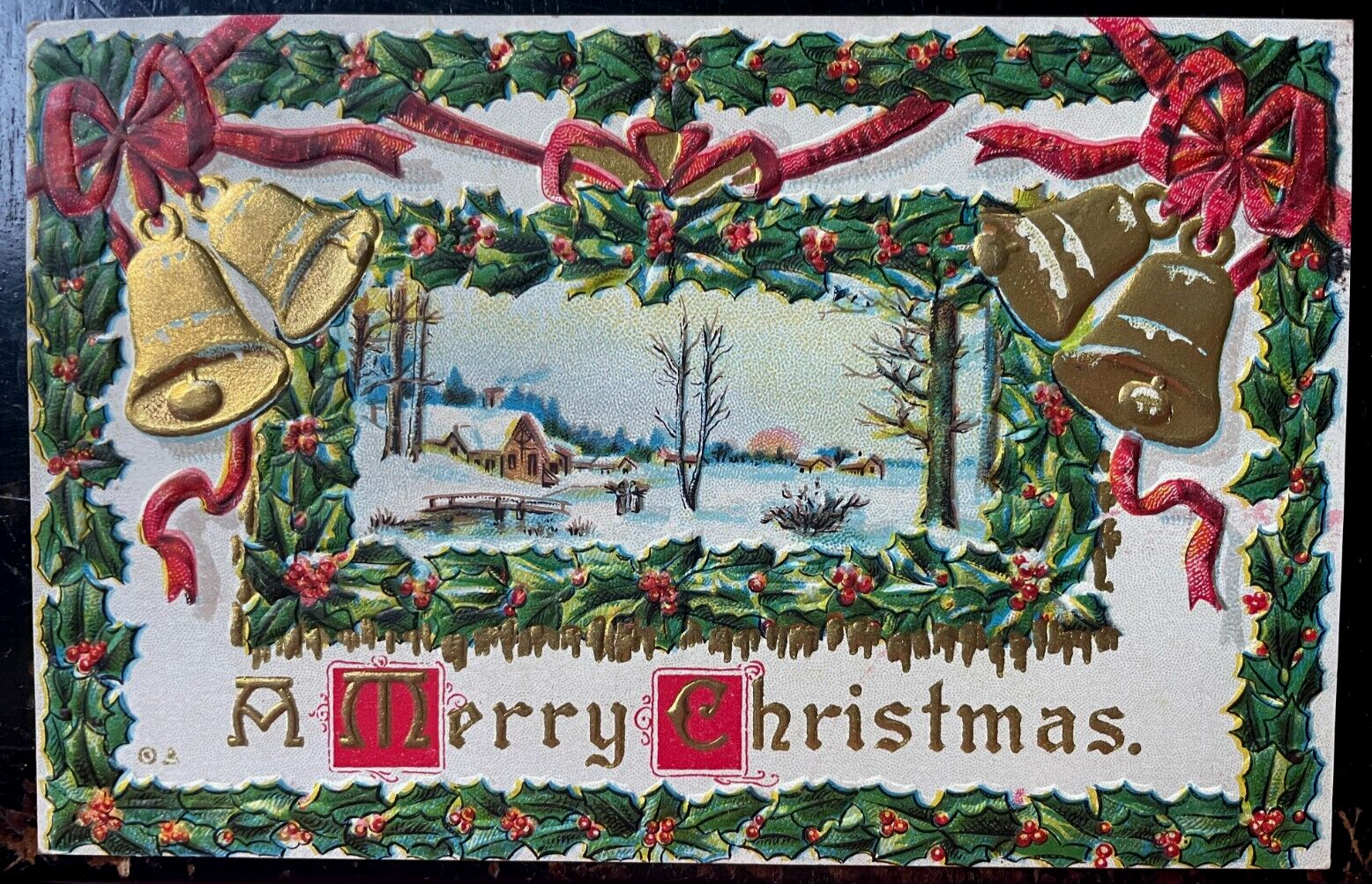 Vintage Victorian Postcard 1913 A Merry Christmas - Deeply Embossed Holly Border