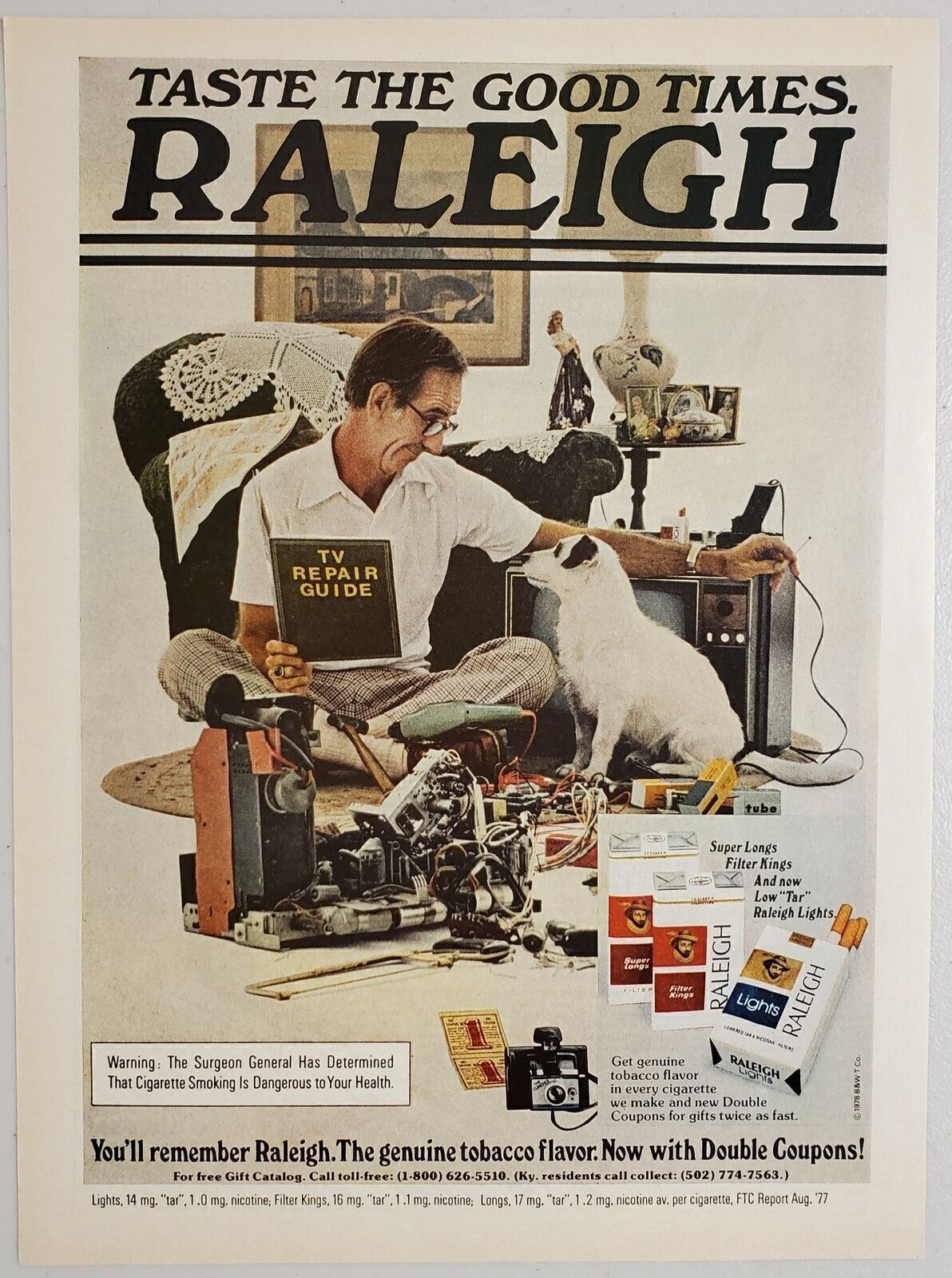 1978 Print Ad Raleigh Cigarettes Man Fixes TV Set & His Dog