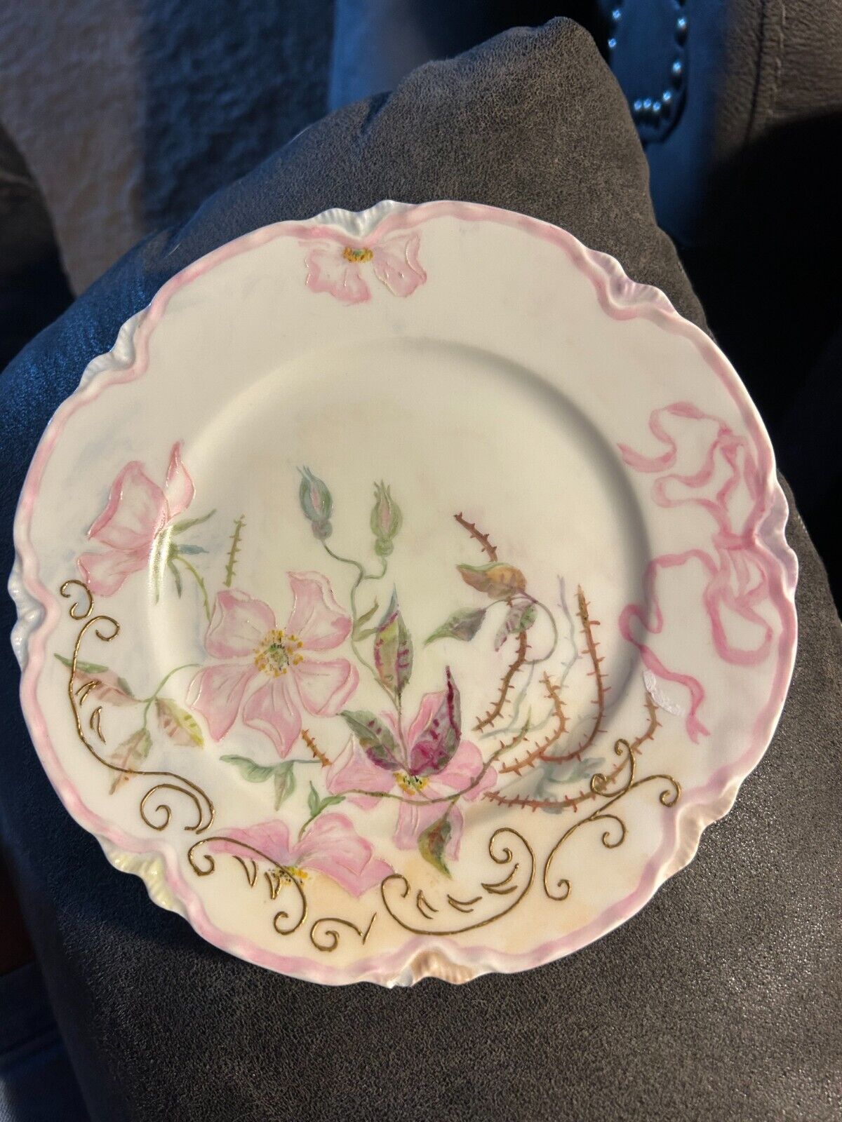 Antique Tea Plate Made in France. Pink Flowers and Ribbon