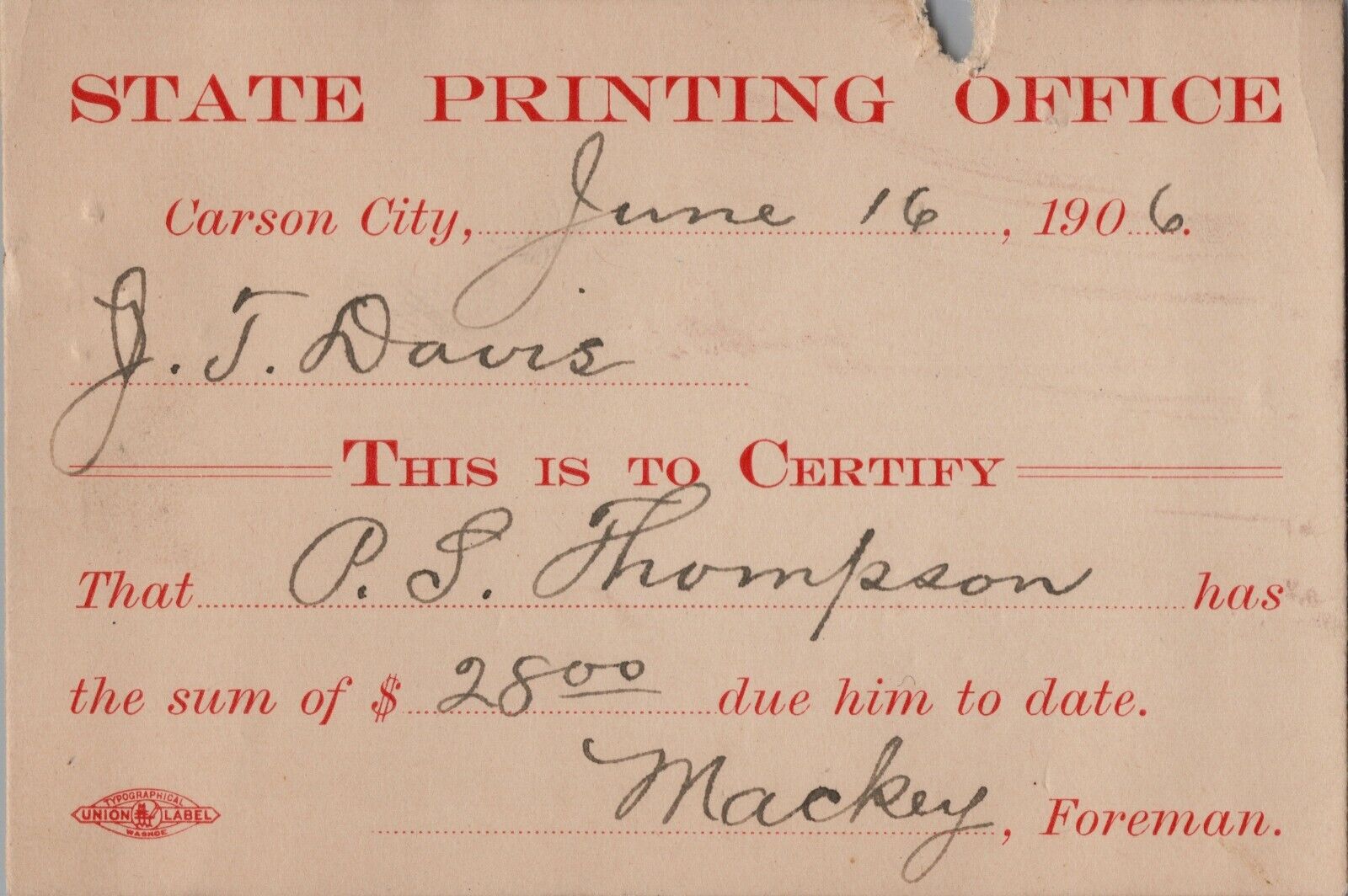 1906 State Printing Office Payment Receipt Card - Carson City, Nevada