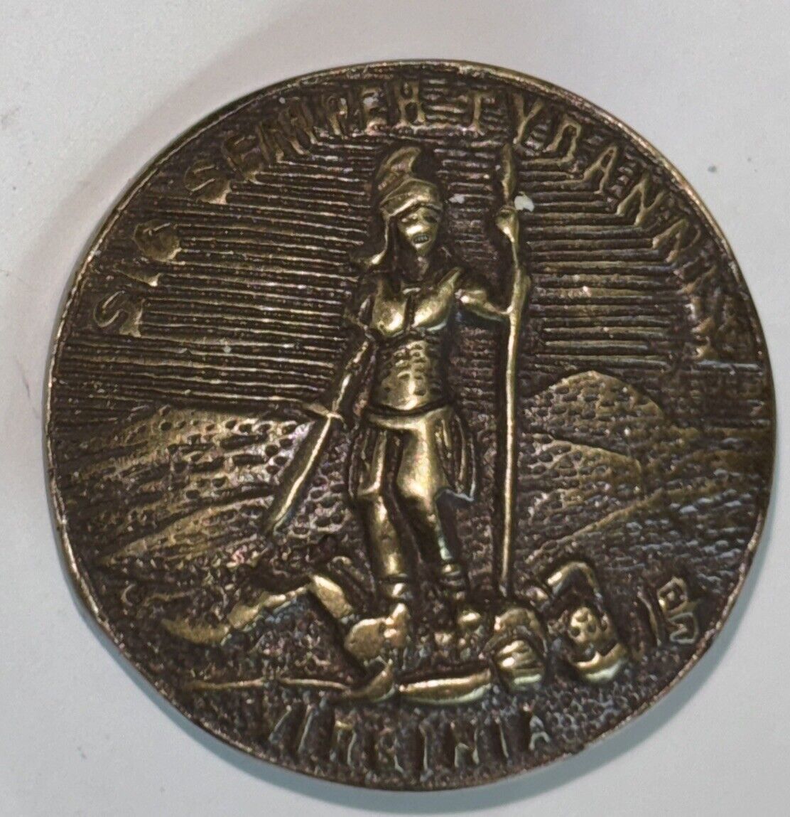 Vintage Civil War Confederate Virginia Army Brass Pin Sig Semper Tyrannous