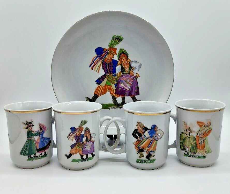 Vintage Karolina Poland Porcelain Polish Folk Dancers 4 Mugs & 9.5\