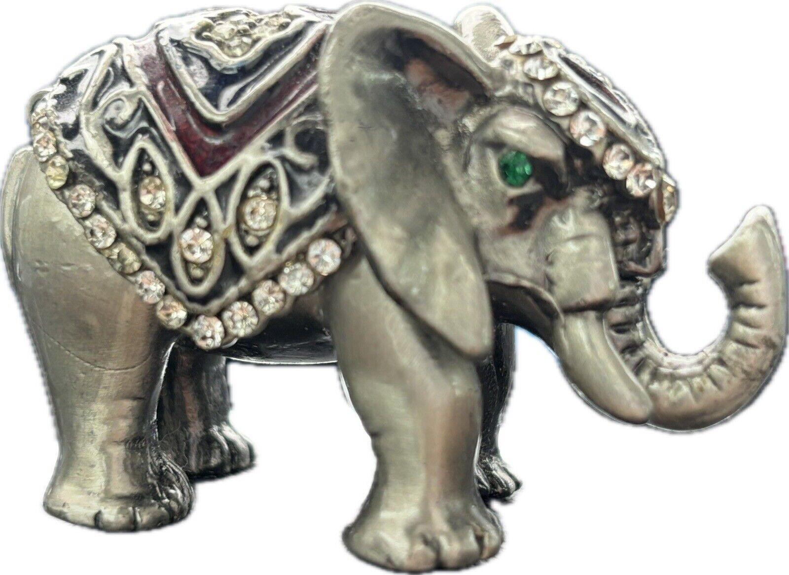 Vtg Russian Enamel Pewter Swarovski Crystals Elephant Trinket Box