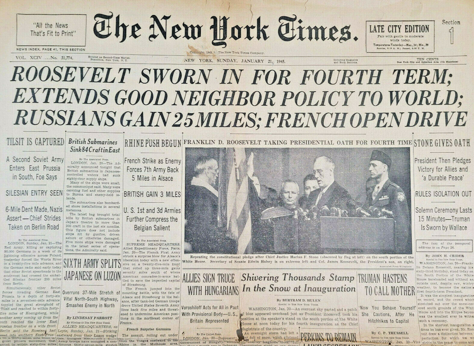 New York Times Jan 21 1945 Original Rare President FDR Sworn In Cover Page