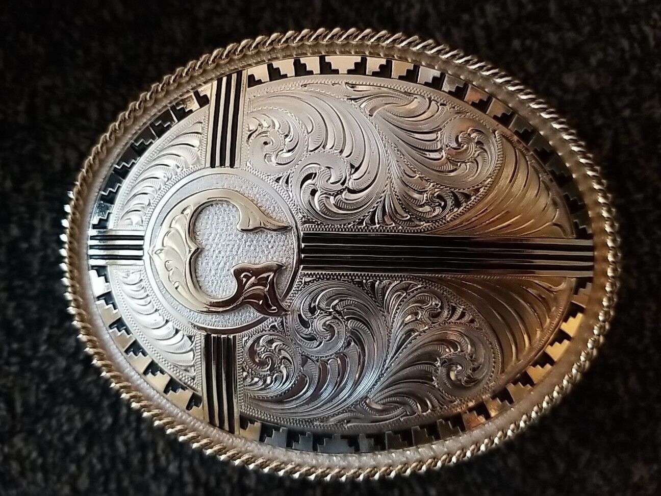 MONTANA SILVERSMITHS G or C  Gold On Silver Brass Vintage Belt Buckle