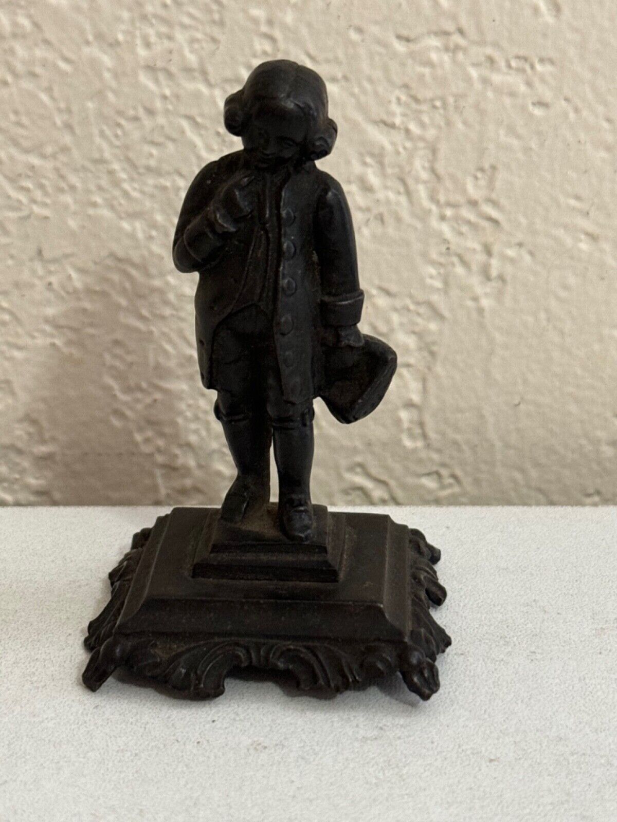 Vintage Antique Small Cast Metal Figurine Sculpture of Colonial Man Holding Hat