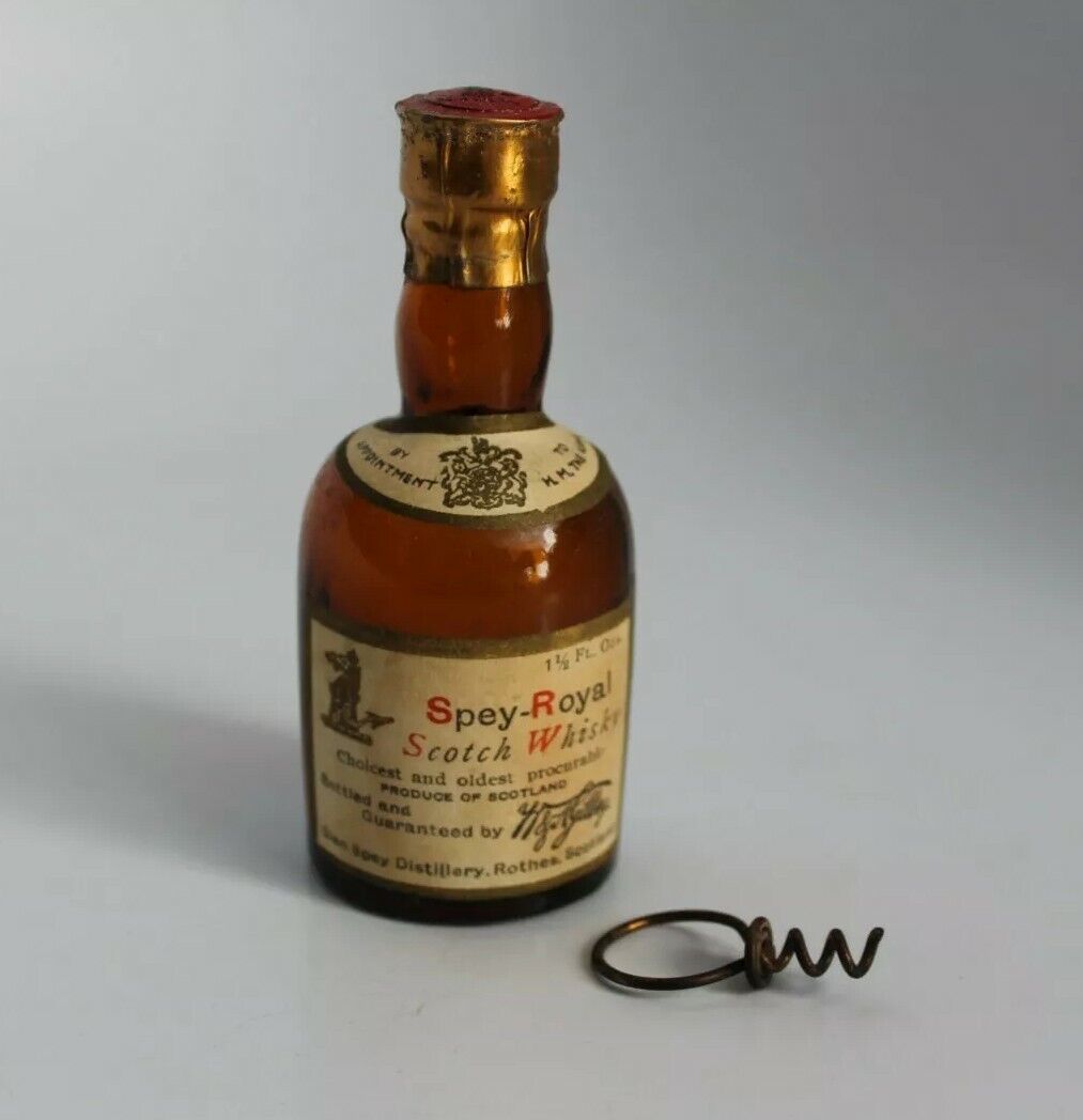 Antique 1900s Mini Spey Royal Bottle Full Label & Seal Empty w/ Orig Corkscrew
