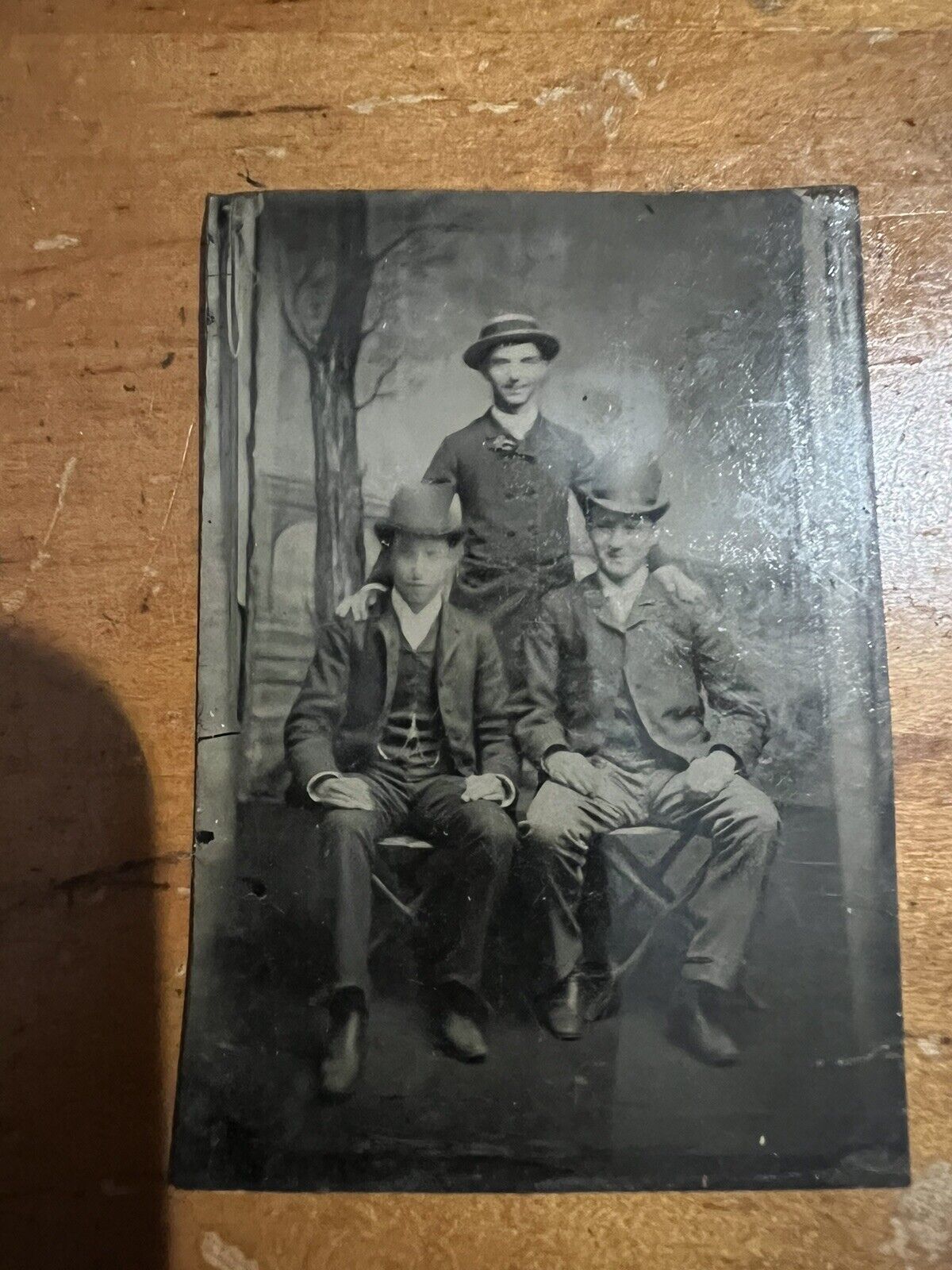 Vintage Tintype 1800”s 3 Men 3.5 Inch By 2.5 Inch