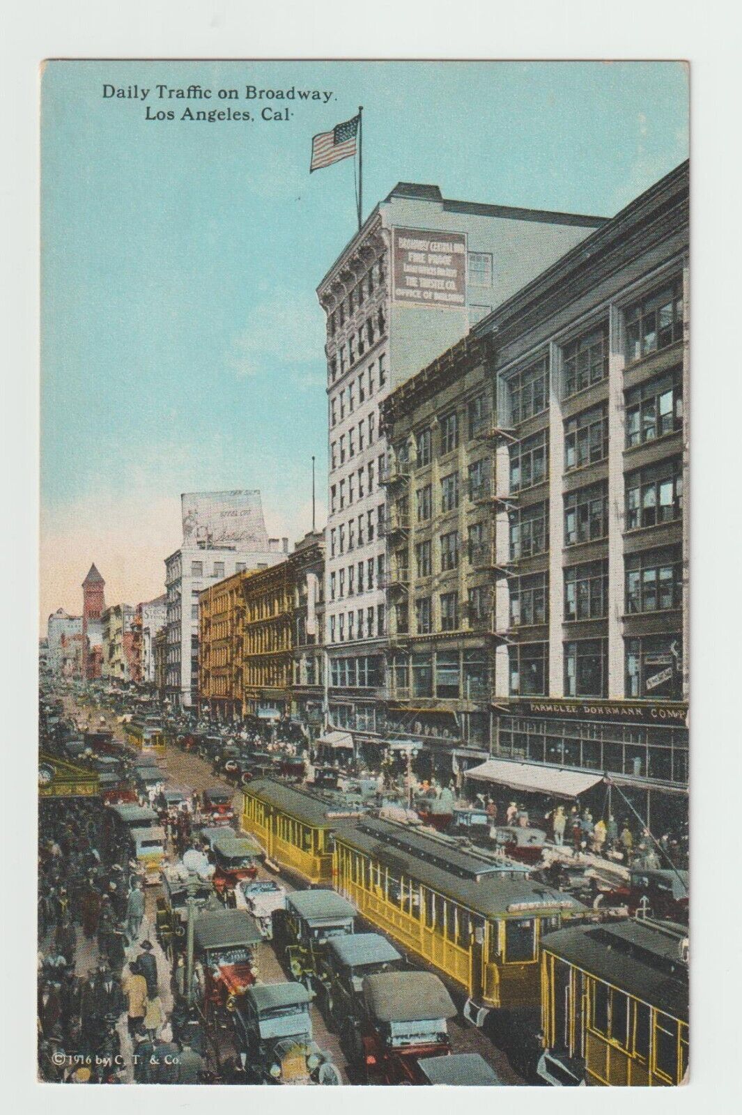 Los Angeles California Daily Traffic on Broadway Vintage Postcard
