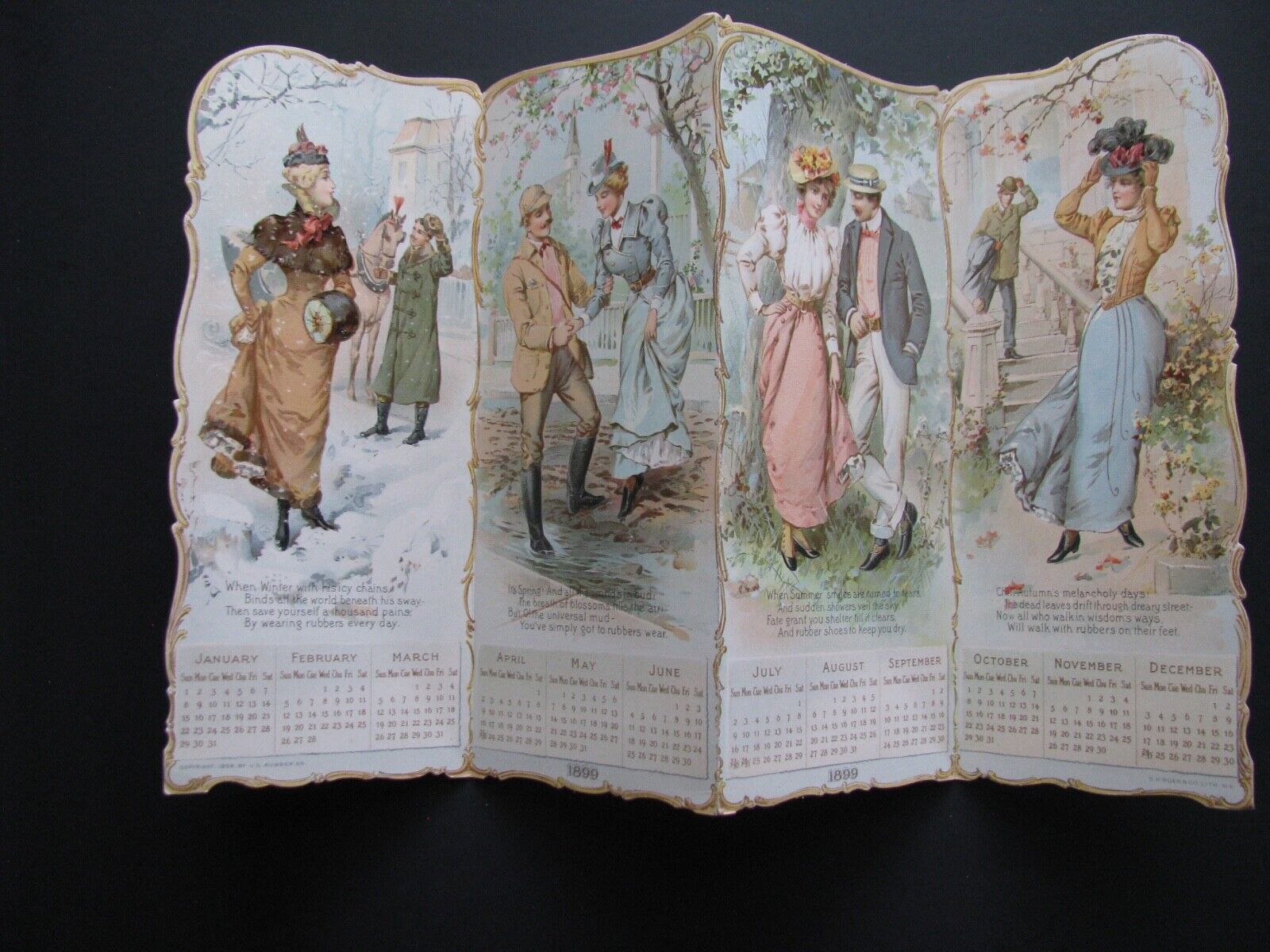 ANTIQUE ROMANTIC FASHION ADVERTISING CALENDAR FOLDOUT STANDS UP FOR DISPLAY 1899