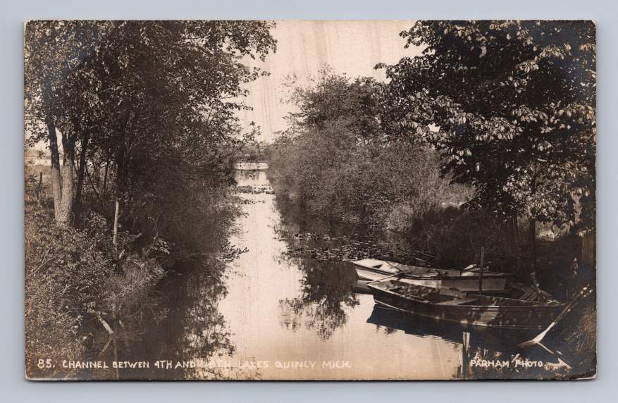 Channel from 4th to 5th Lake ~ Quincy Michigan RPPC Antique Parham Photo 1909
