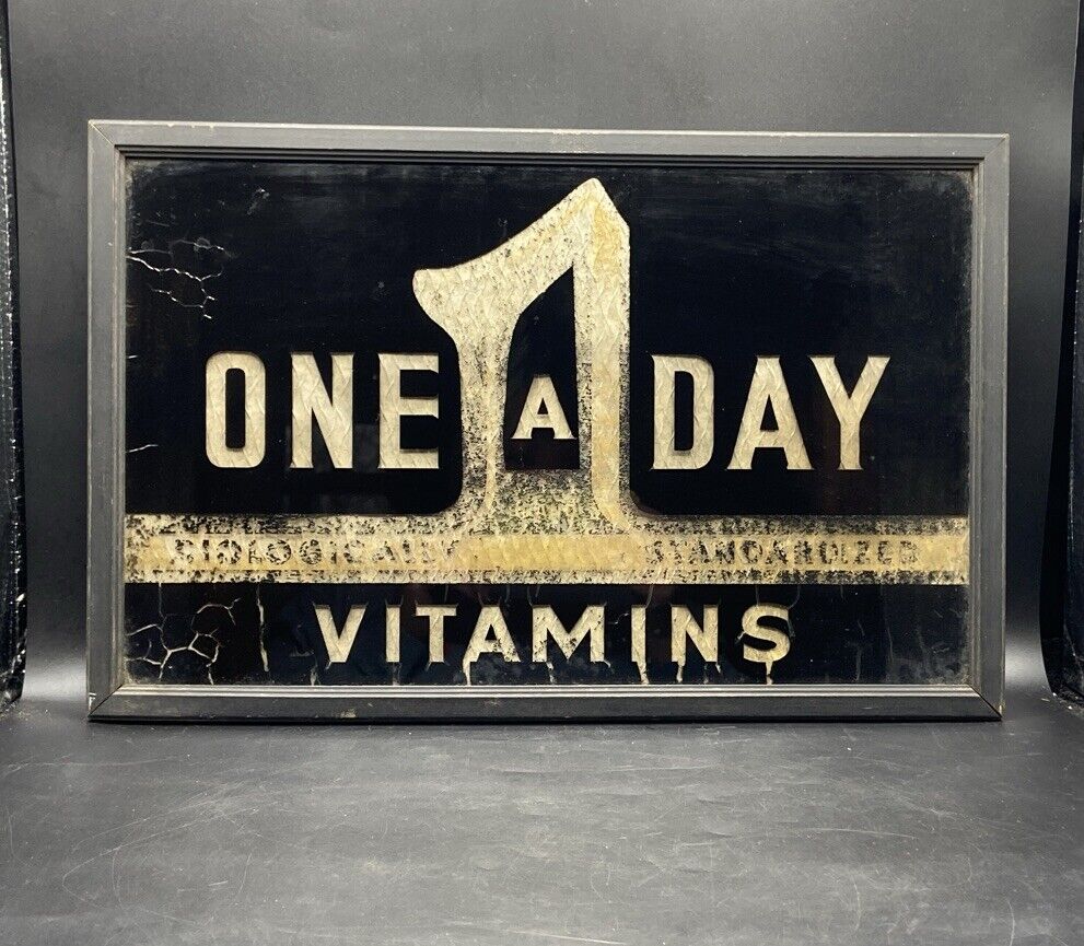 Vintage Reverse Painted Glass Over Foil Sign One A Day Vitamins 17”W X 11”H