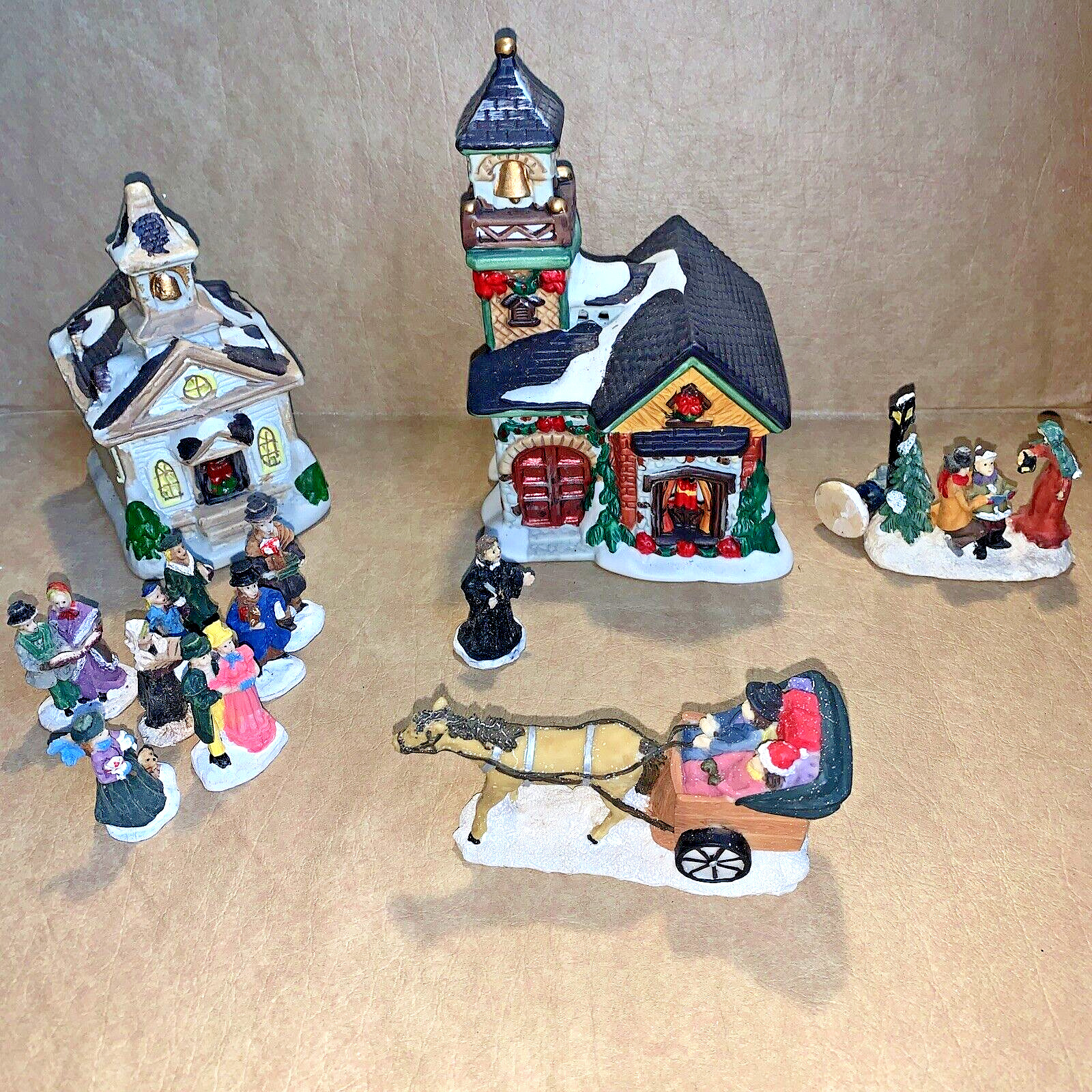 Lemax Christmas Village Churches Lot & 9 People Accessories 13 Vintage Pieces