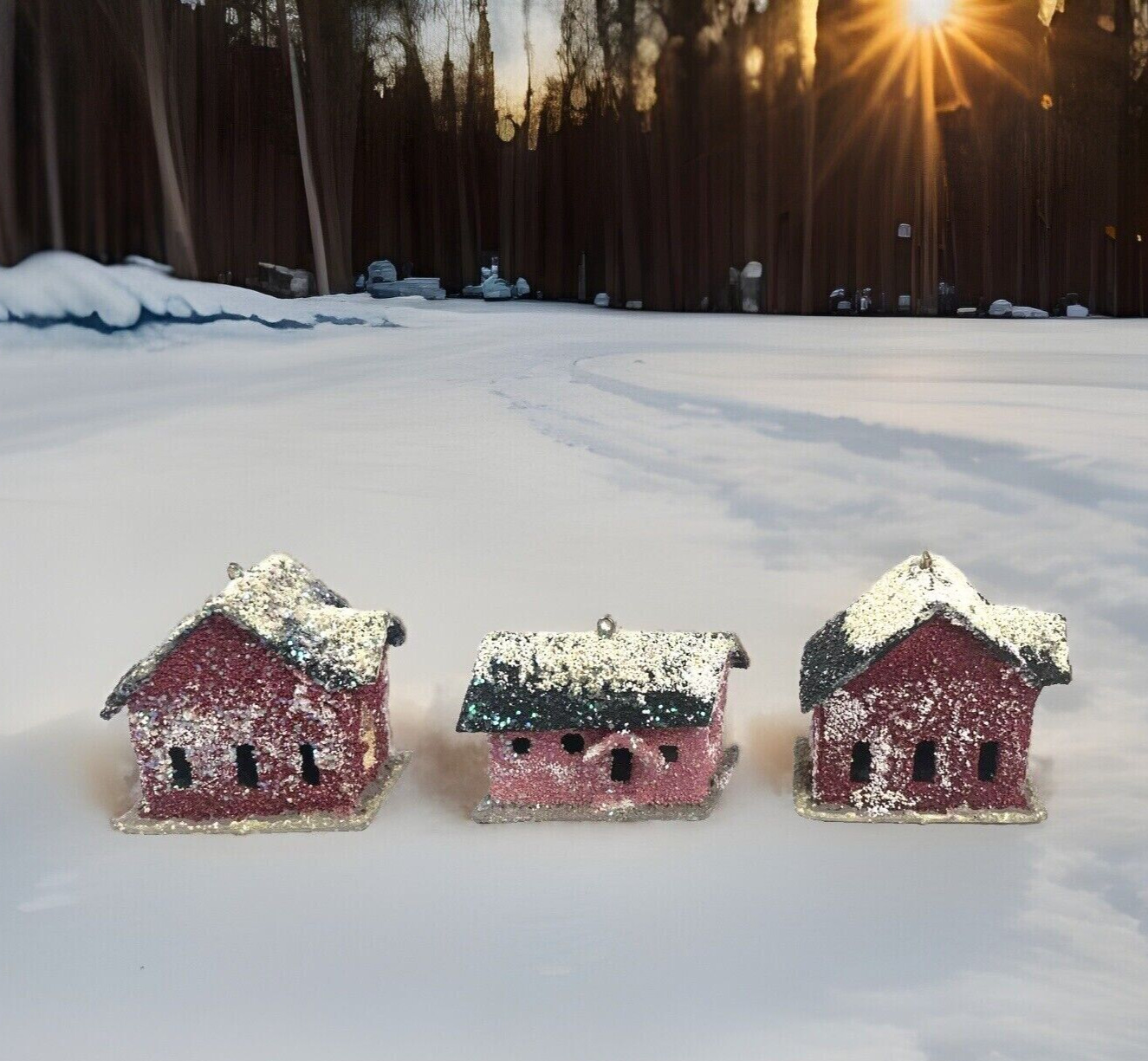 VTG Putz Christmas Village Cardboard House Ornaments Glitter Pink Set of 3