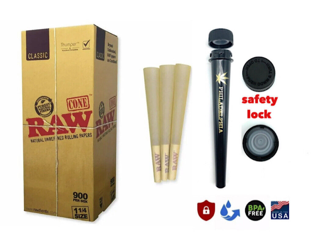 RAW cone Classic 1 1/4 size Pre-Rolled Cones(100PK)+philadelphia smell prooftube