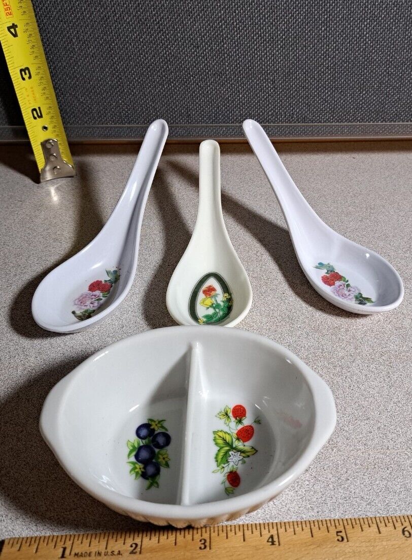 Vintage Melamine Chinese Spoon Rests & Ceramic Divided Condiment Dish #1747L167