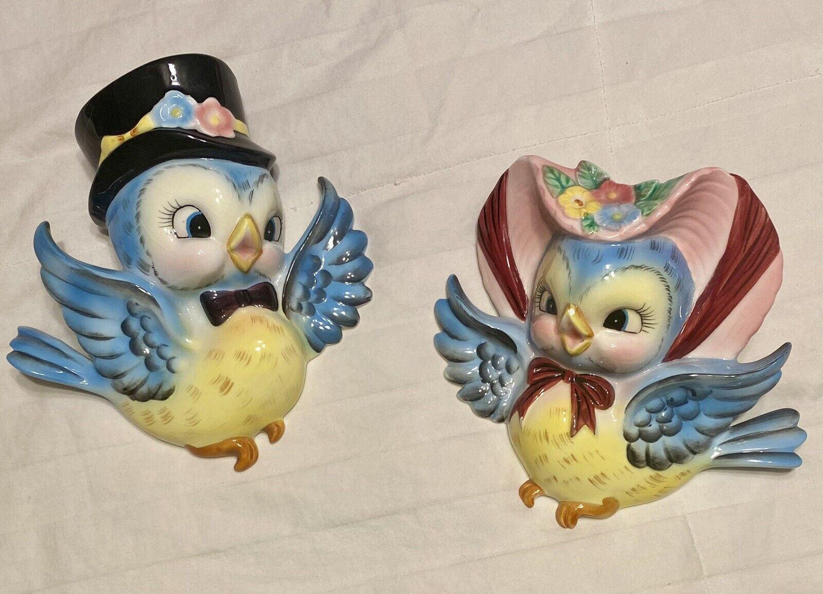 Vintage 1950’s Lefton Mr & Mrs Bluebird Wall Pocket Figurines ~ signed by artist