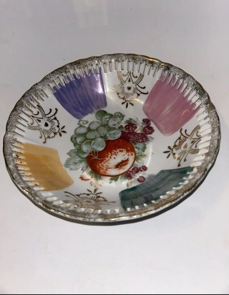 Decorative Hand-Painted Fruit Bowl Pierced Rim Made in Japan
