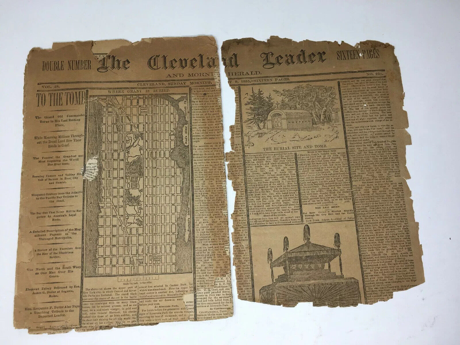 Original 1885 Grants Burial Cleveland Leader Newspaper President General Damaged