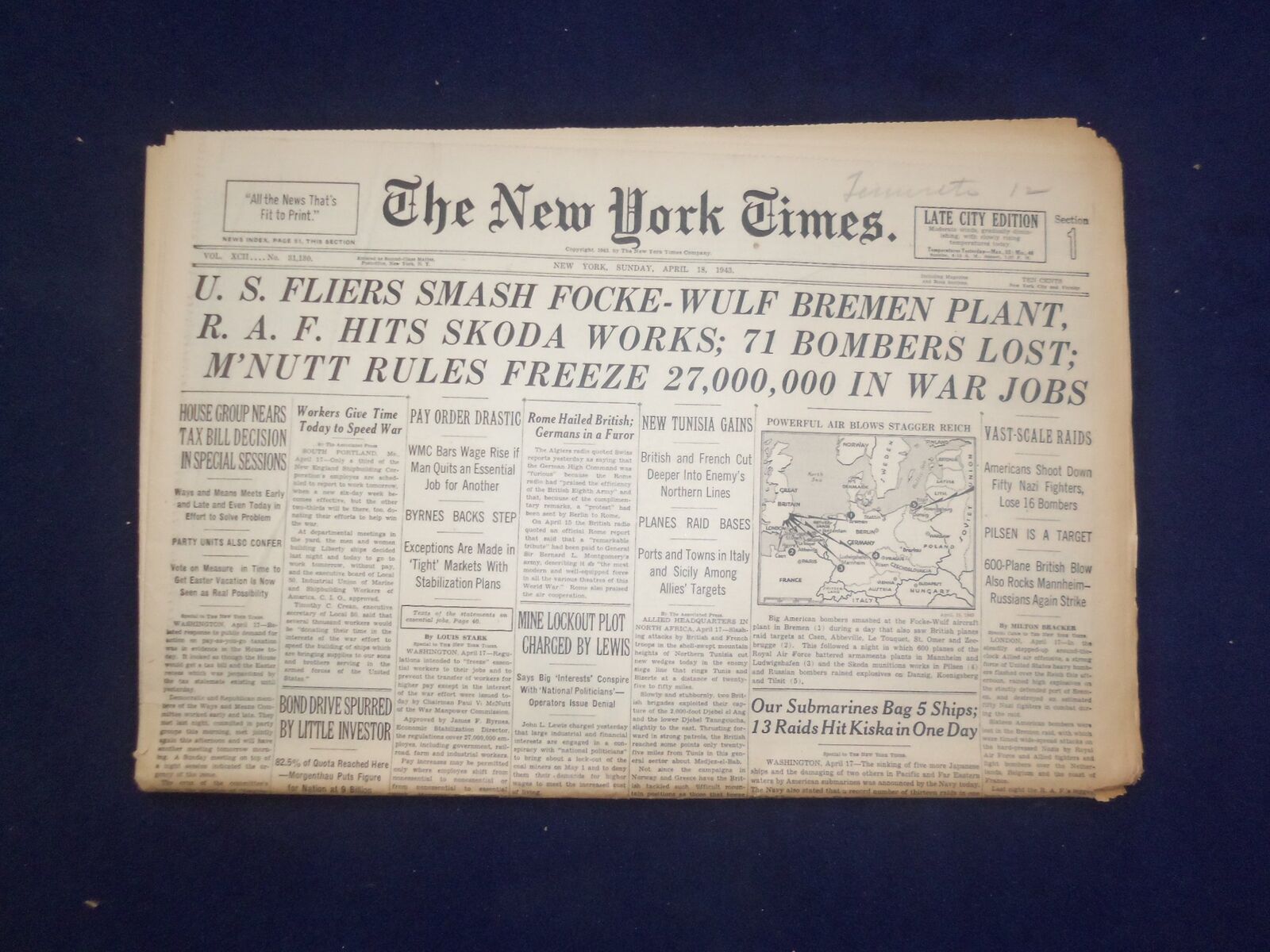 1943 APR 18 NEW YORK TIMES - U.S. FLIERS SMASH FOCKE-WULF BREMEN PLANT - NP 6531