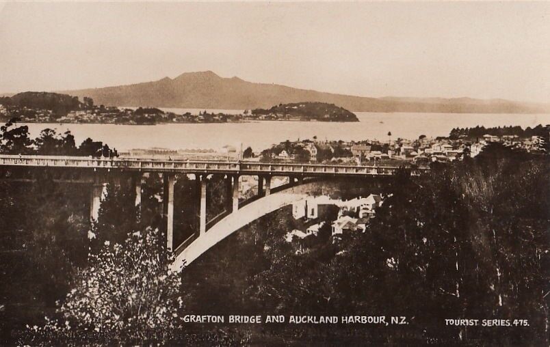 Postcard RPPC Grafton Bridge + Auckland Harbour New Zealand