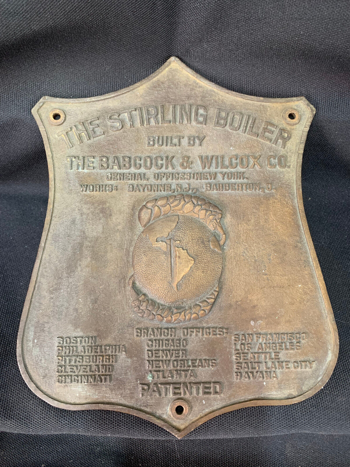 VINTAGE BRASS STIRLING BOILER BUILT BY THE BABCOCK & WILCOX COMPANY NAME PLATE