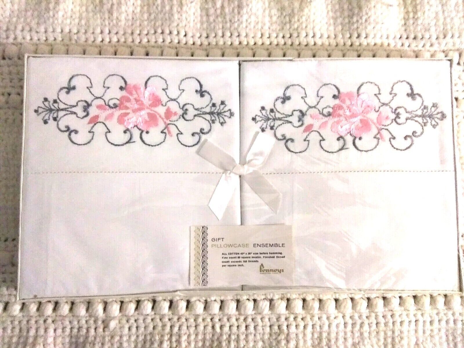 Vintage Penney\'s Gift Pillowcase Ensemble-Embroidered: New/Sealed