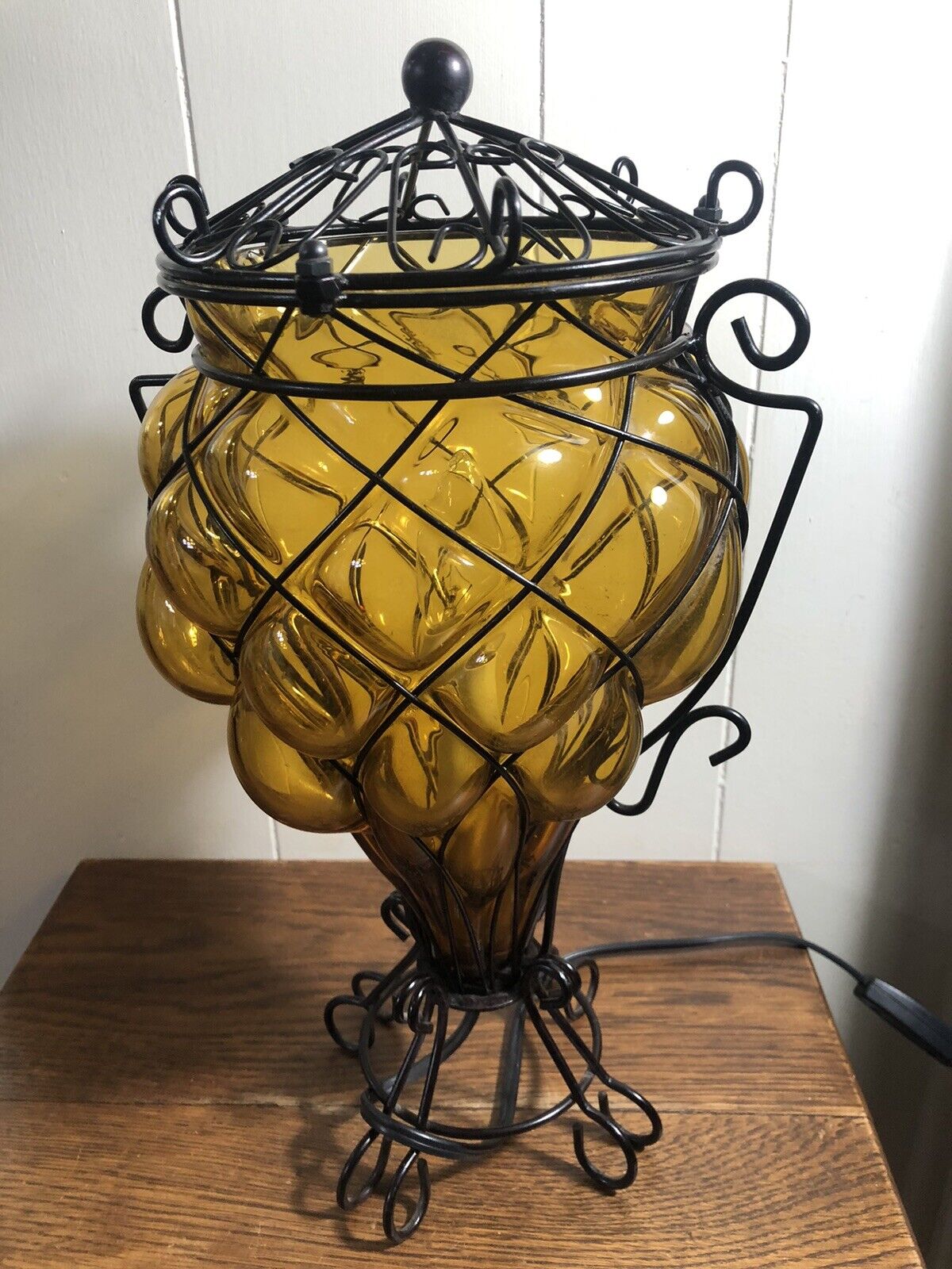Vintage MCM Murano? Amber Caged Venetian Bubble Glass Table Lamp 16\