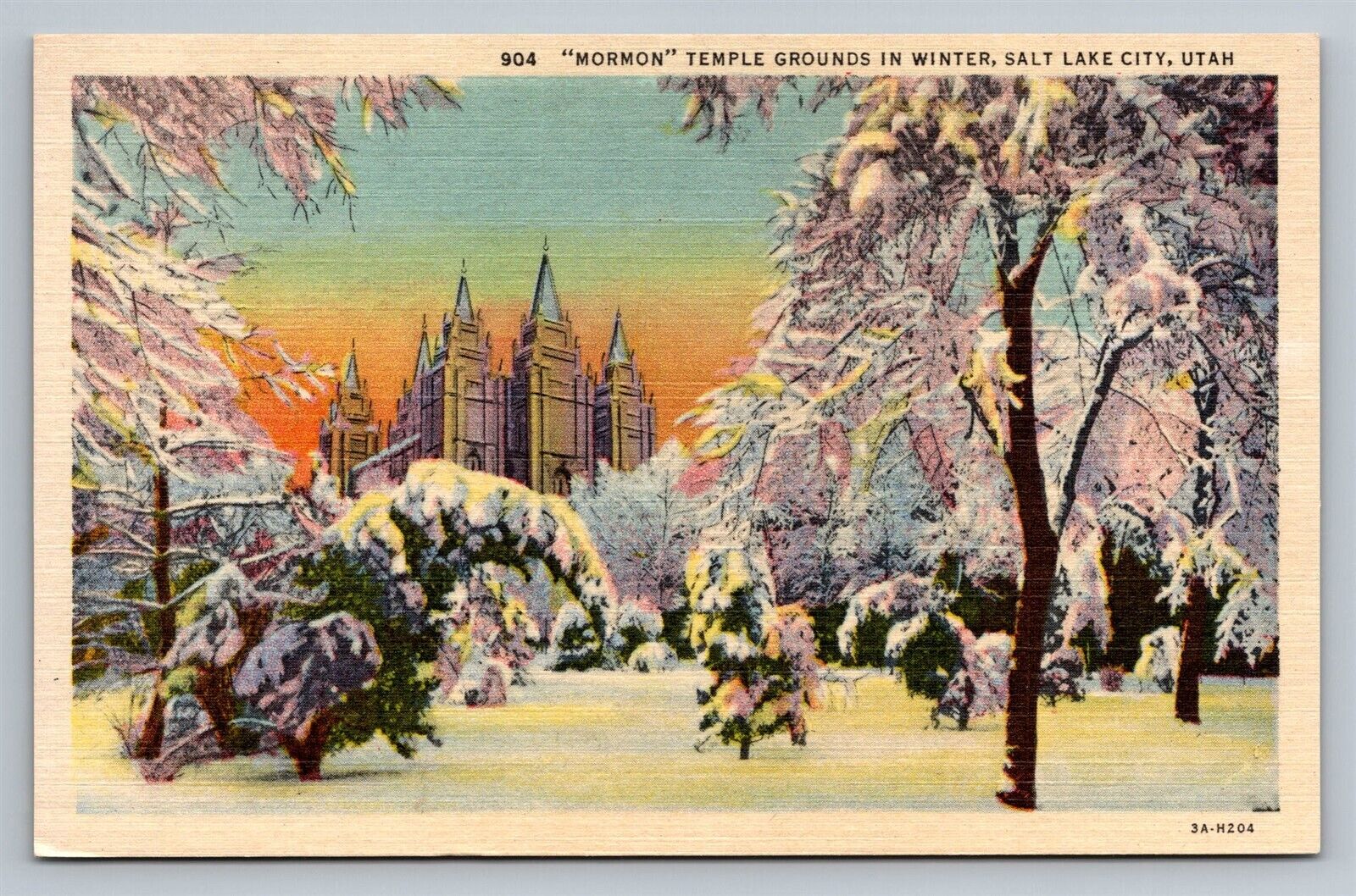 Mormon Temple Grounds in Winter Snow Salt Lake City UT Linen Vtg Postcard Unused