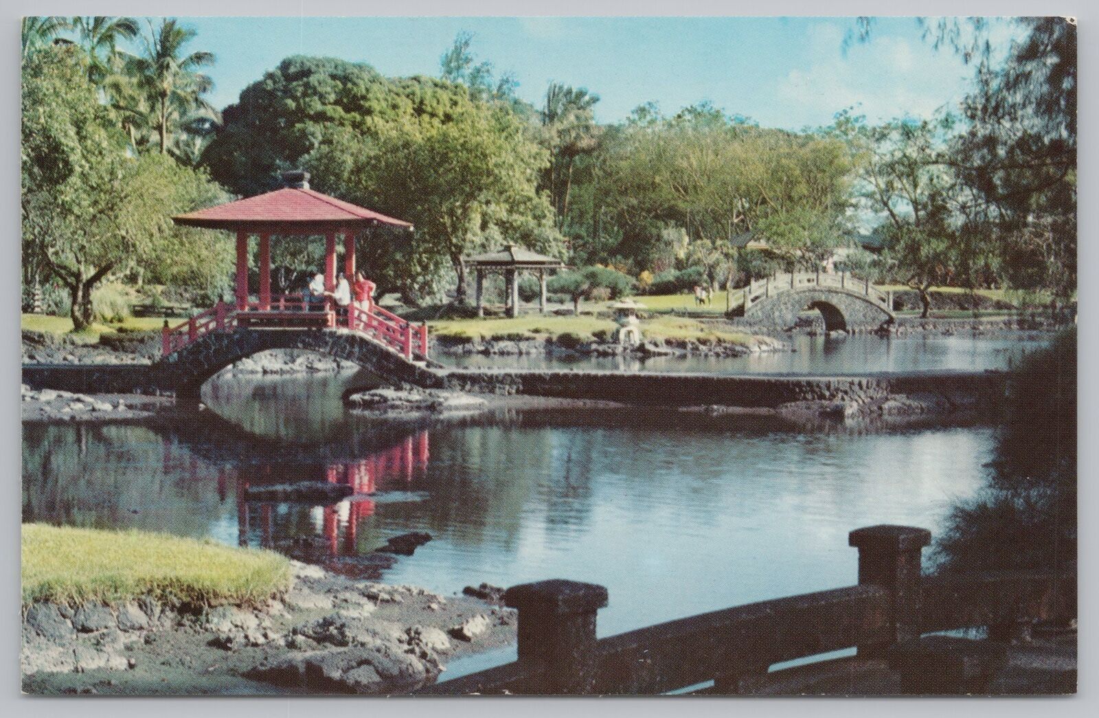 Hilo Hawaii~Liliuokalani Park~Pavilion Bridge~Half Moon Bridge~Vintage Postcard