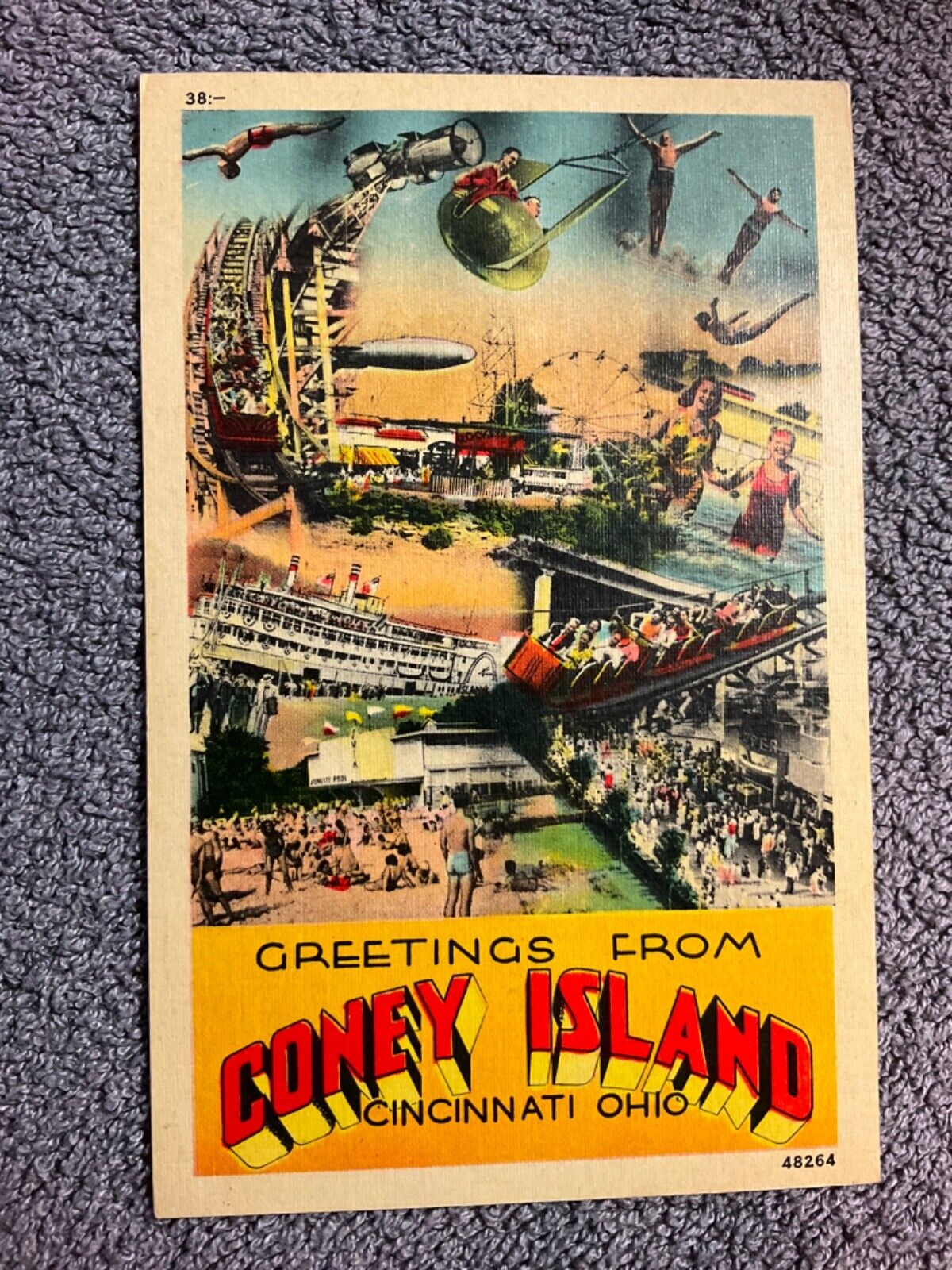 Greetings from Coney Island Cincinnati OH Ohio Large Letter Linen Postcard