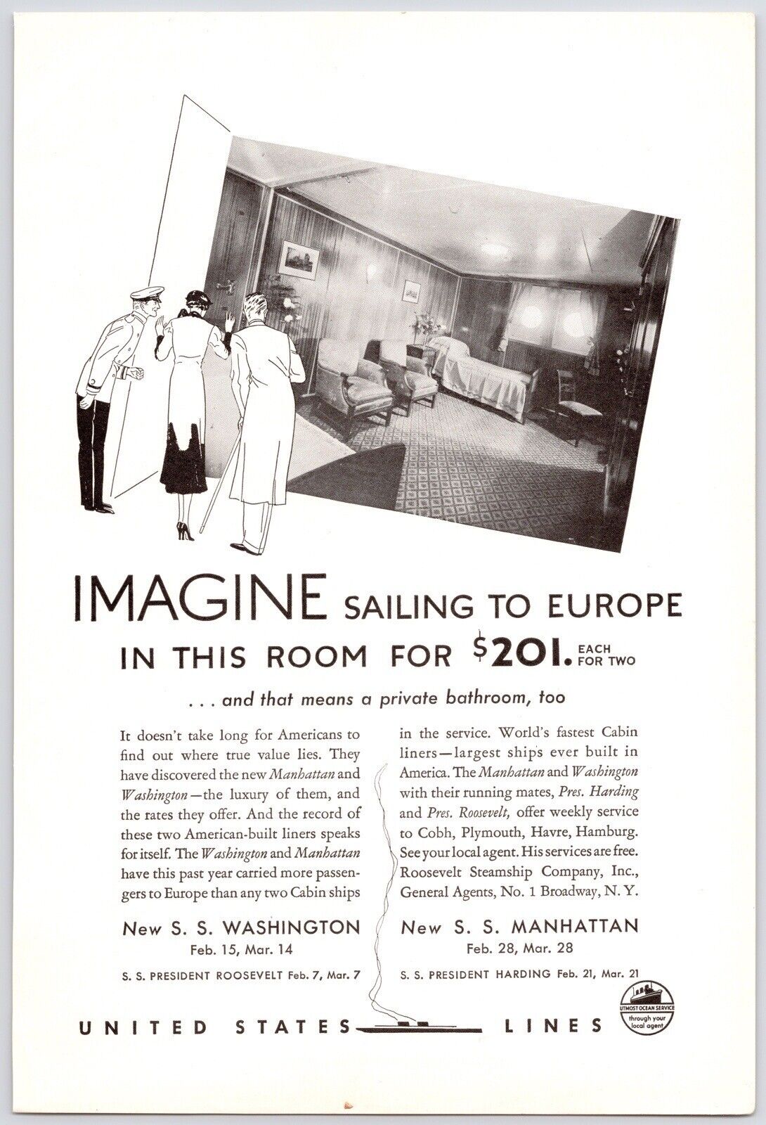 1934~SS Washington~SS Manhattan~United States Lines~Cruise Ship~Vtg 30s Print Ad