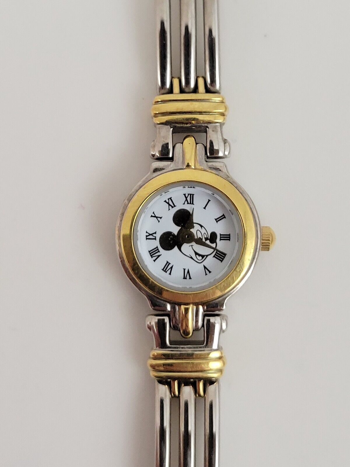 Vintage Disney Time Works Mickey Mouse - Gold Tone Silver Metal Band Watch