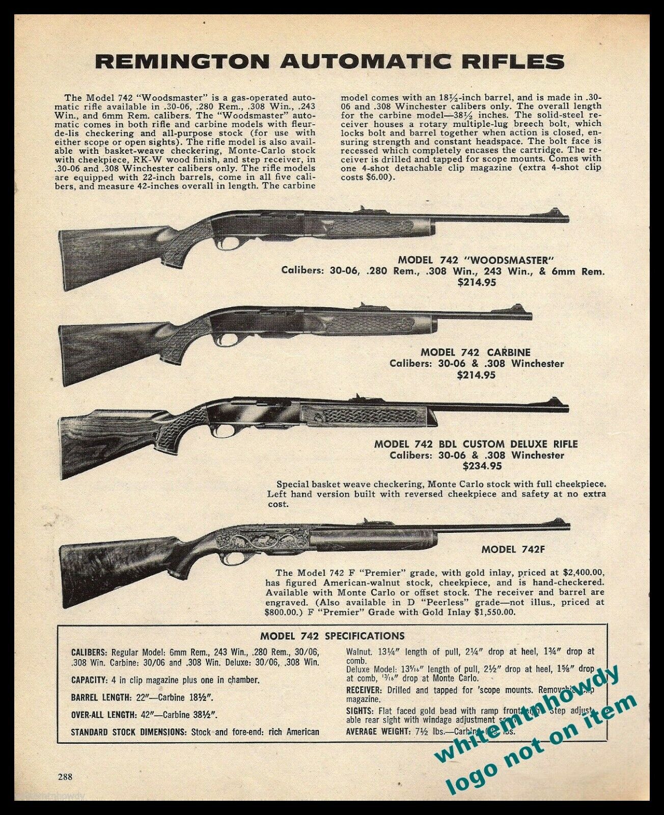 1976 REMINGTON 742 Woodsmaster,  Carbine, BDL Custom Deluxe Automatic RIFLE AD