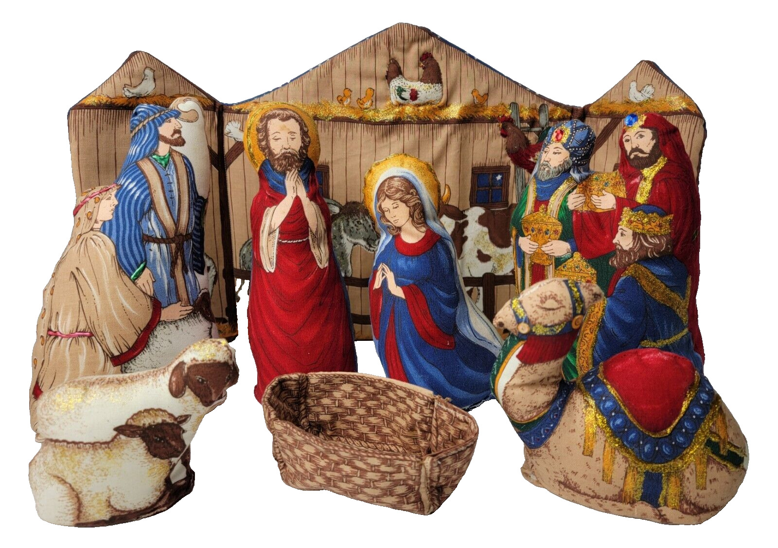 Large Handmade Fabric 8 Piece Nativity Set w/ Backdrop