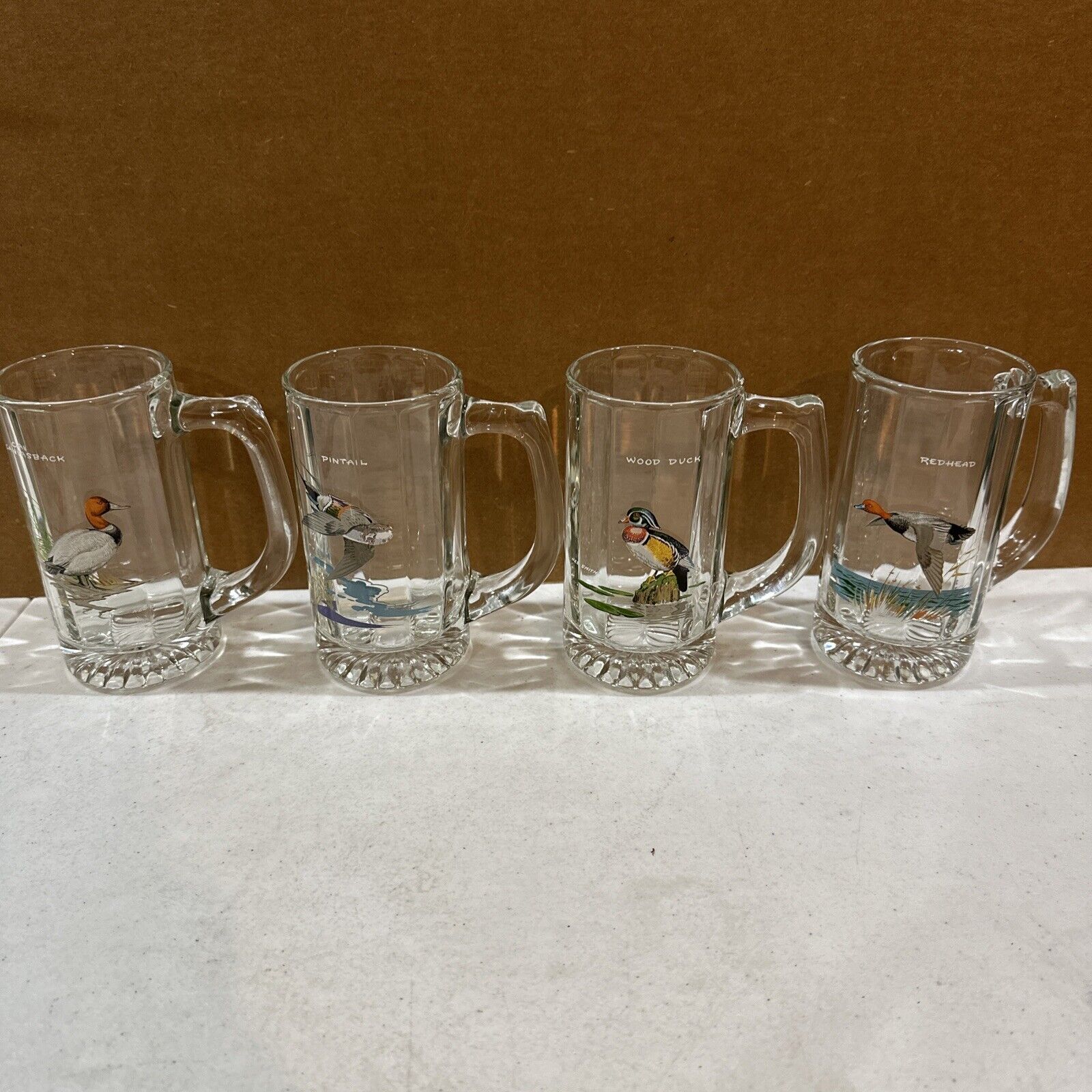 Ned Smith Glass Beer Mugs Wild Bird Duck 5.5” Tall Set of 4 Vintage Painted