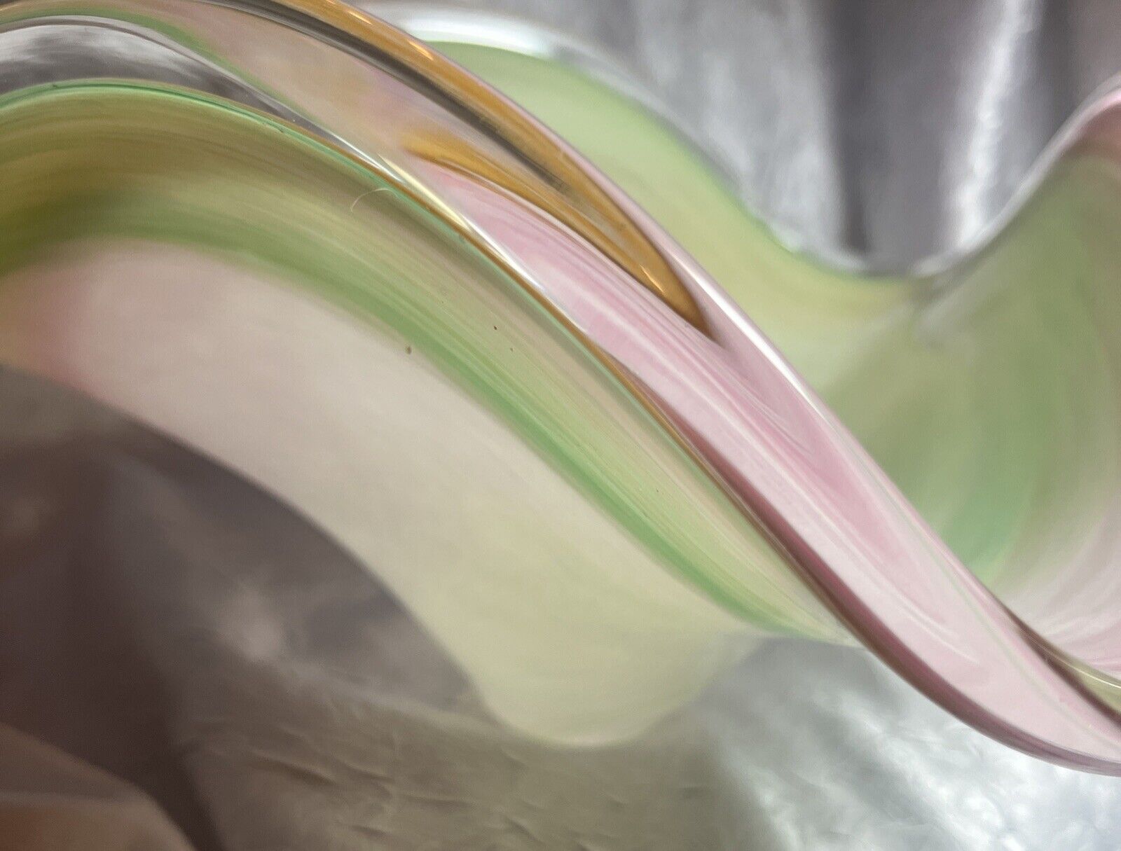Murano Hand Blown Free Form Swirled Bowl Pastel Pinks & Greens Vintage Italy